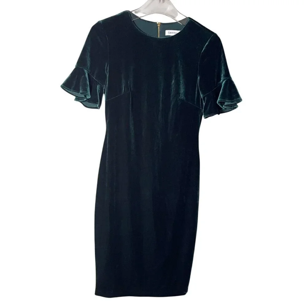 Calvin Klein Women’s 4 Green Velvet Flutter Sleeve Sheath Dress